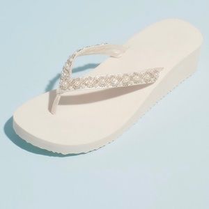 Bead and Pearl Satin Strap Thong Platform Sandals